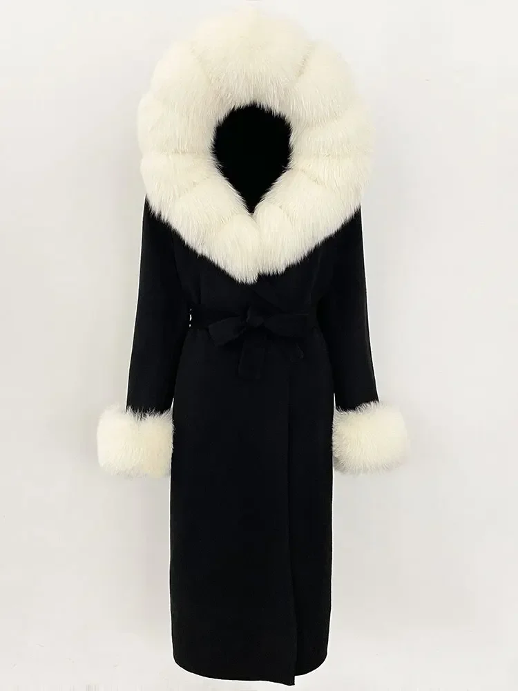 معطف شتوي نسائي طويل غير رسمي أنيق لعام 2025 معطف فرو الثعلب الطبيعي الحقيقي مع قلنسوة وياقة قابلة للفصل سترة صوفية مزدوجة الوجه #5