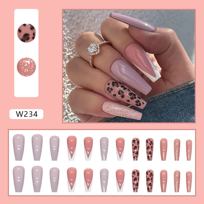 24pcs French Leopard Print Press on Nail Long Square Shape Artificial Fake Nails Seamless Removable False Nail