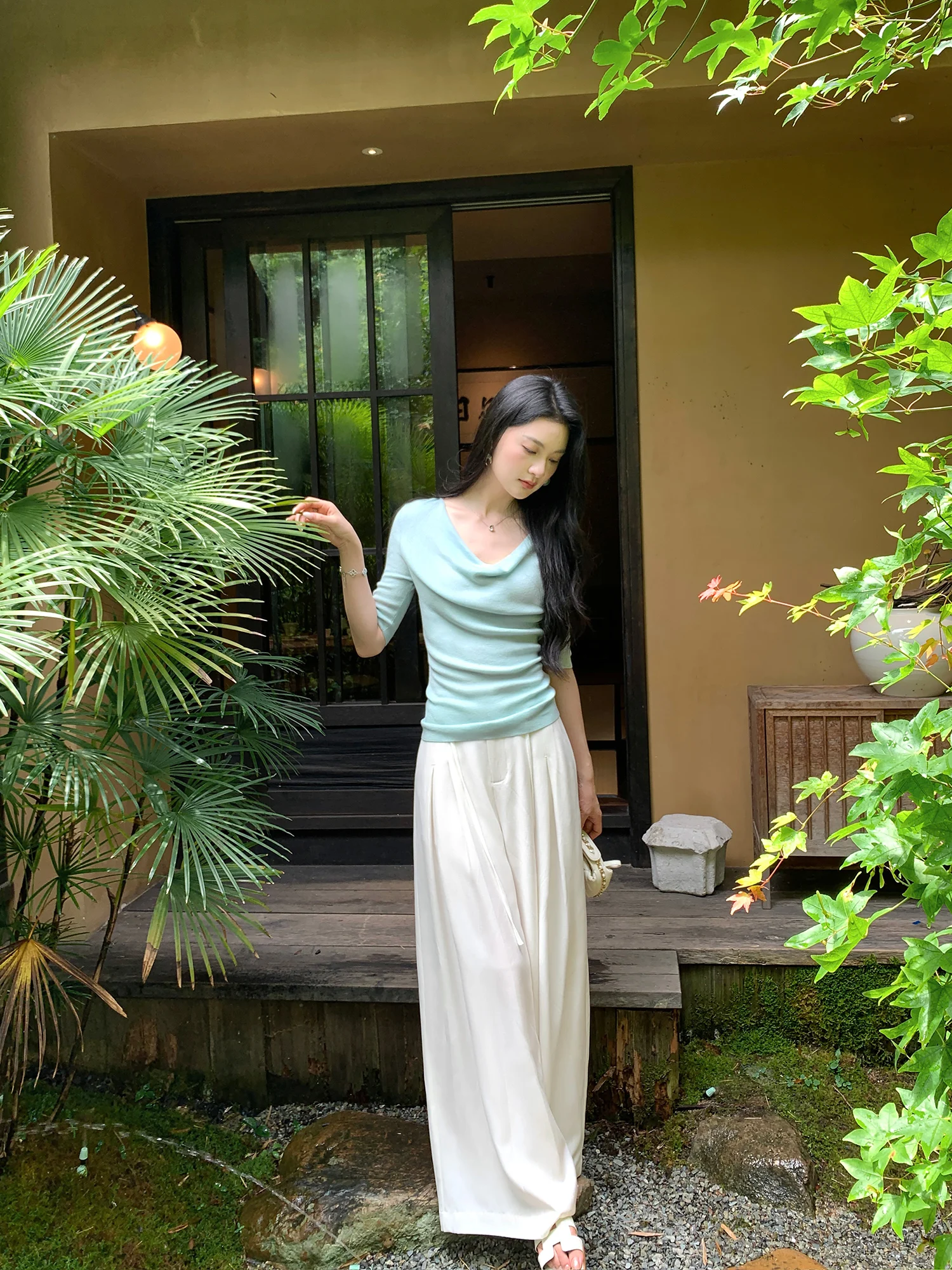 Pusumede Elegant High Waist Wide Leg Casual Pants Women's Draped Loose Floor-Length Trousers Comfortable Casual Polyester Blend
