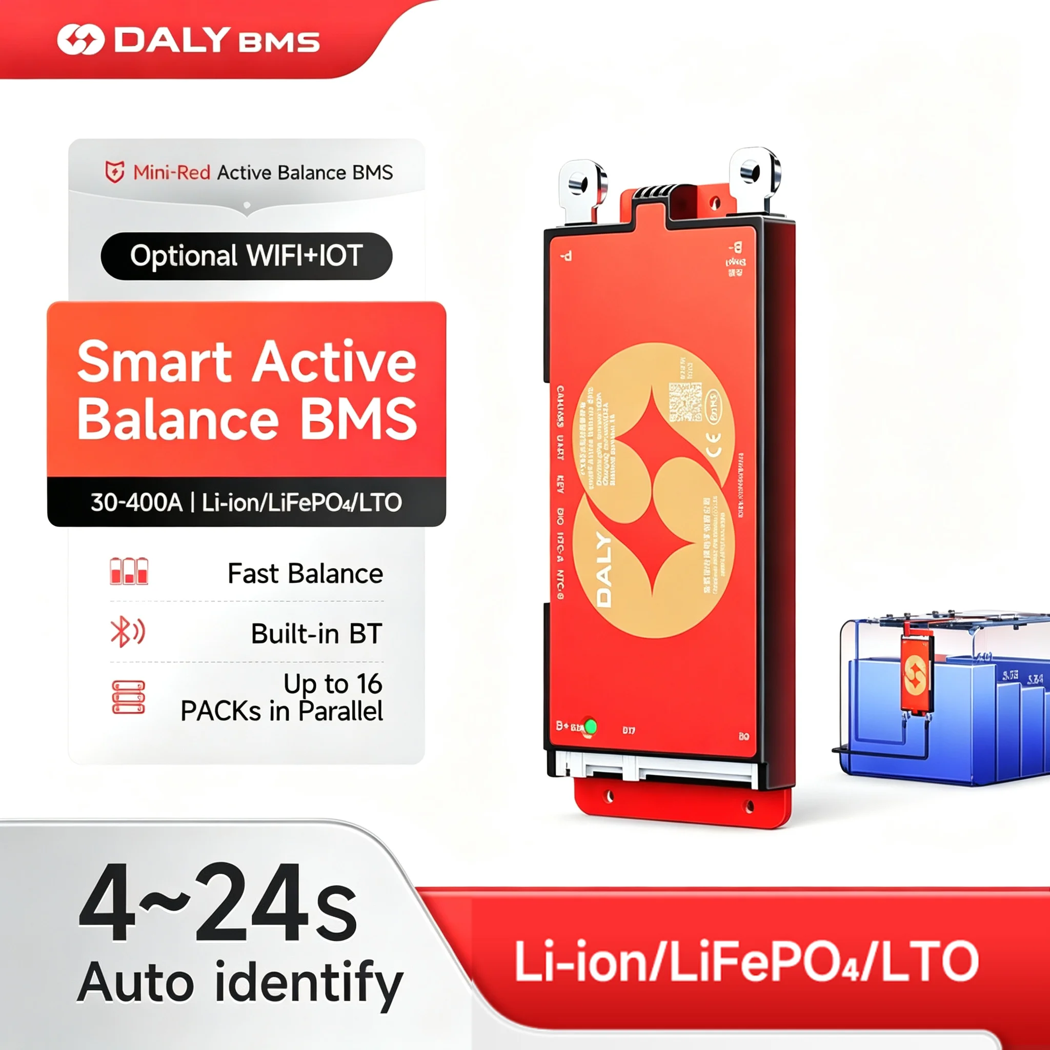 

DALY 100 BMS 4S-8S 10S 16S 17S 24S smart bms 40A 60A 80A 100A150A 200A 12V 24V 48V LiFePo4 Li-on battery bms active balancer