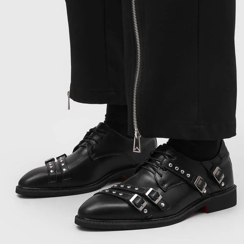men's fashion hip hop rock original leather shoes lace-up rivets shoe black designer sneakers gentleman breathable footwear mans