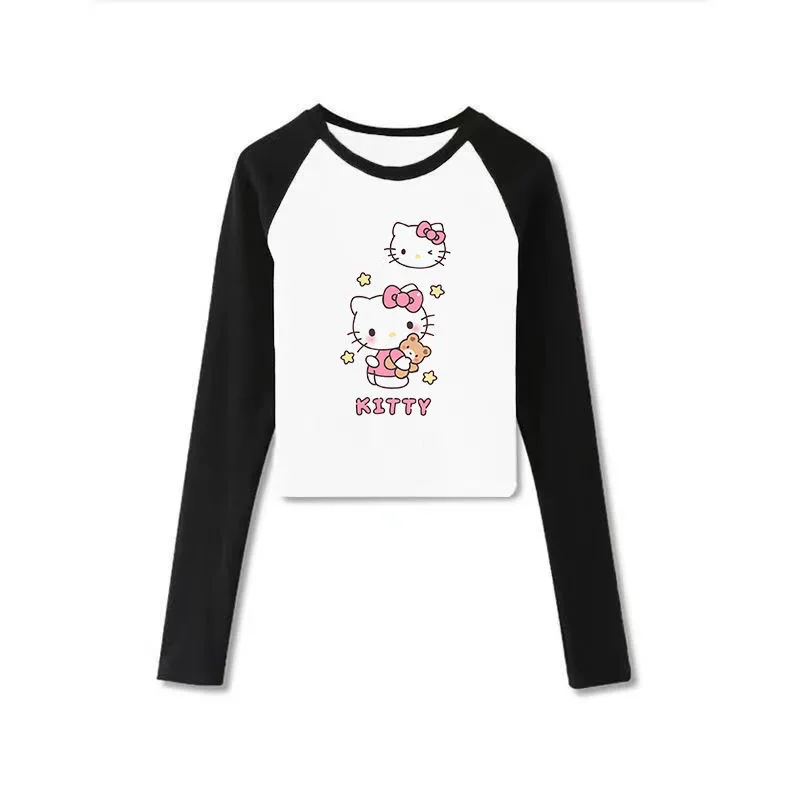 Sanrio Kuromi  Printed Slim Fit Shoulder Long Sleeved T-shirt Women New Patchwork Color Contrast Kawaii Clothes Crop Top Women