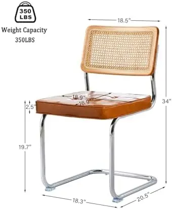 Rattan Dining Chairs Set of 2, Faux Leather Mid Century Modern Dining Room Chairs, Mesh Back Cane Kitchen Chair, Cesca