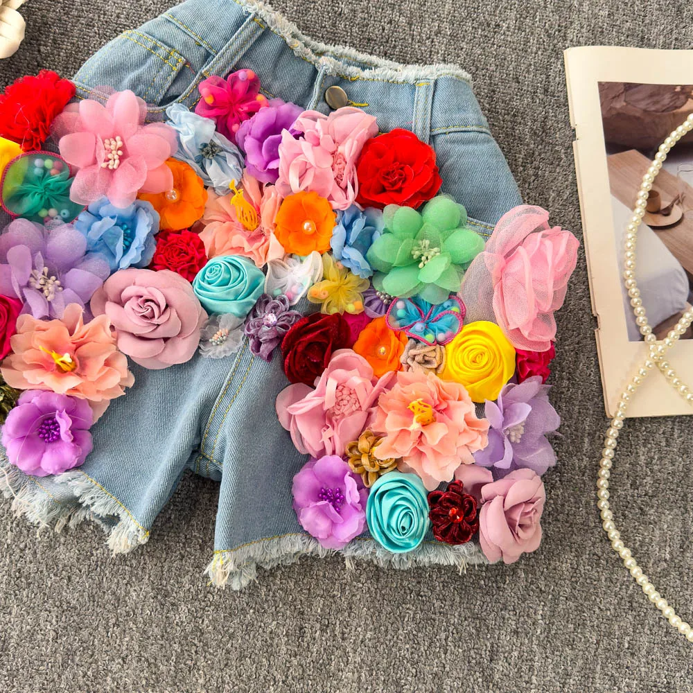 Women'S Wide Leg Jeans Shorts 3D Floral Female Shorts Jorts Sexy Streetwear Denim Shorts Y2K Vetement Femme Pantalones Cortos