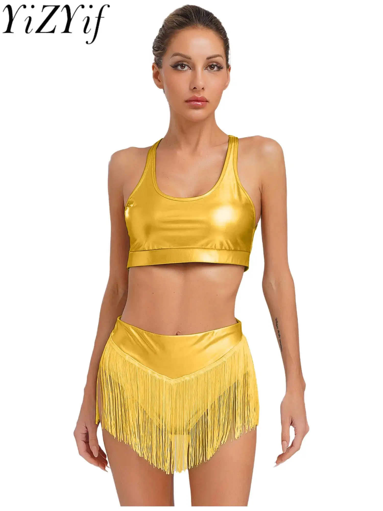 

Two Pieces Latin Dance Performance Costumes Women Metallic Vest Top And Tassel Fringe Briefs Short for Latin Cha-cha Dance-wear