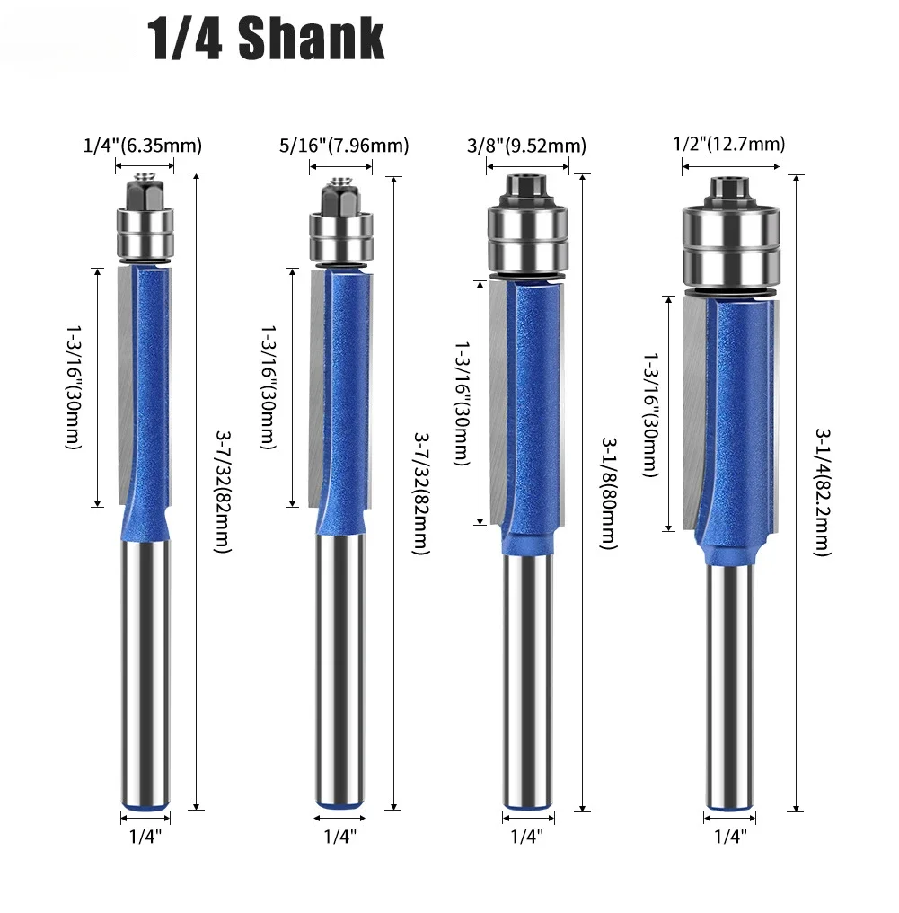 6mm 6.35mm 생크 이축 트리밍 공구 이중 베어링 초경 플러시 트림 라우터 비트 세트 (목공 조각 커터 밀링 커터용)