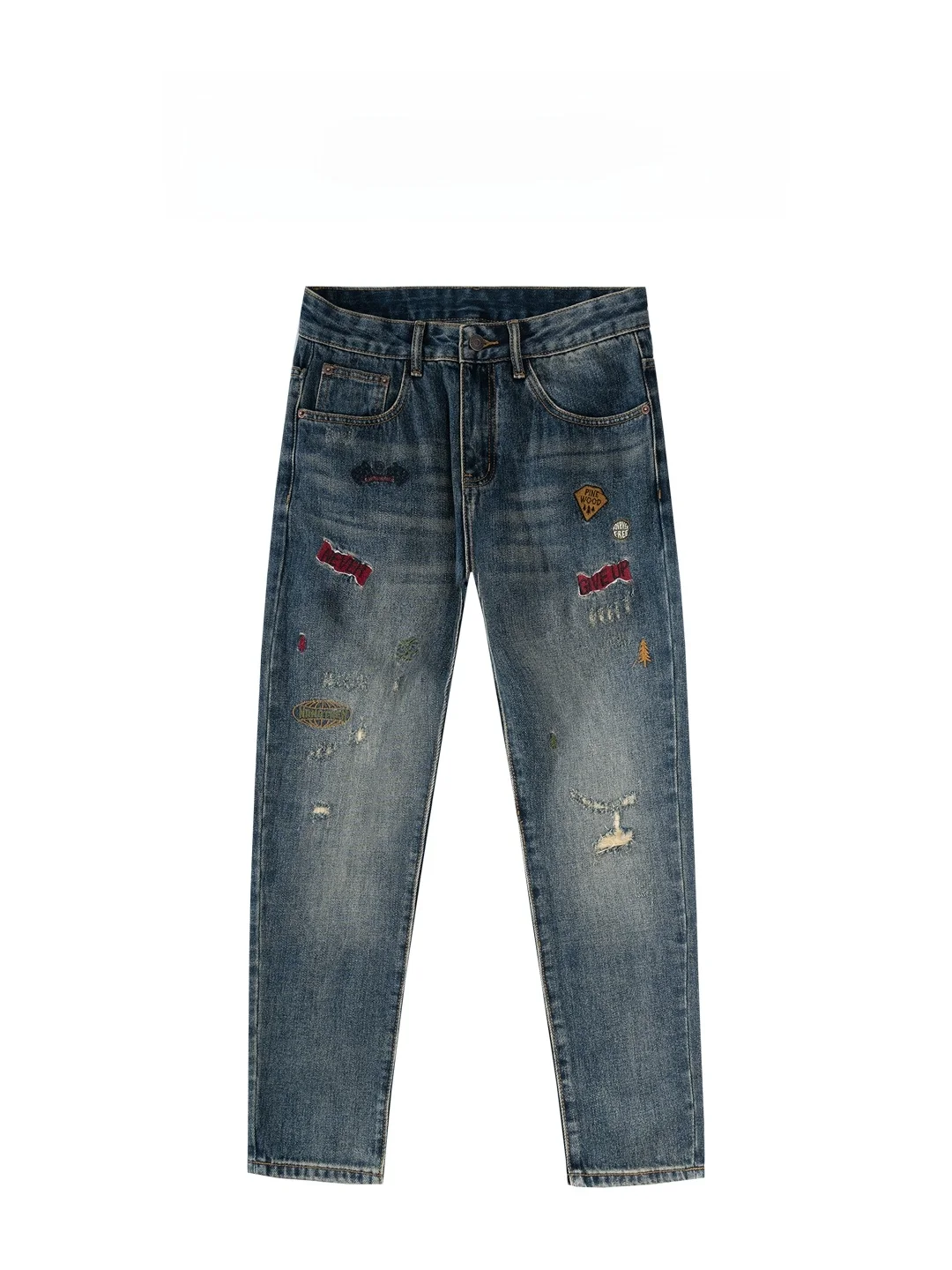 

Высококачественные модные корейские джинсовые брюки премиум-класса с вышивкой, пэчворком и эффектом потертости для молодых мужчин