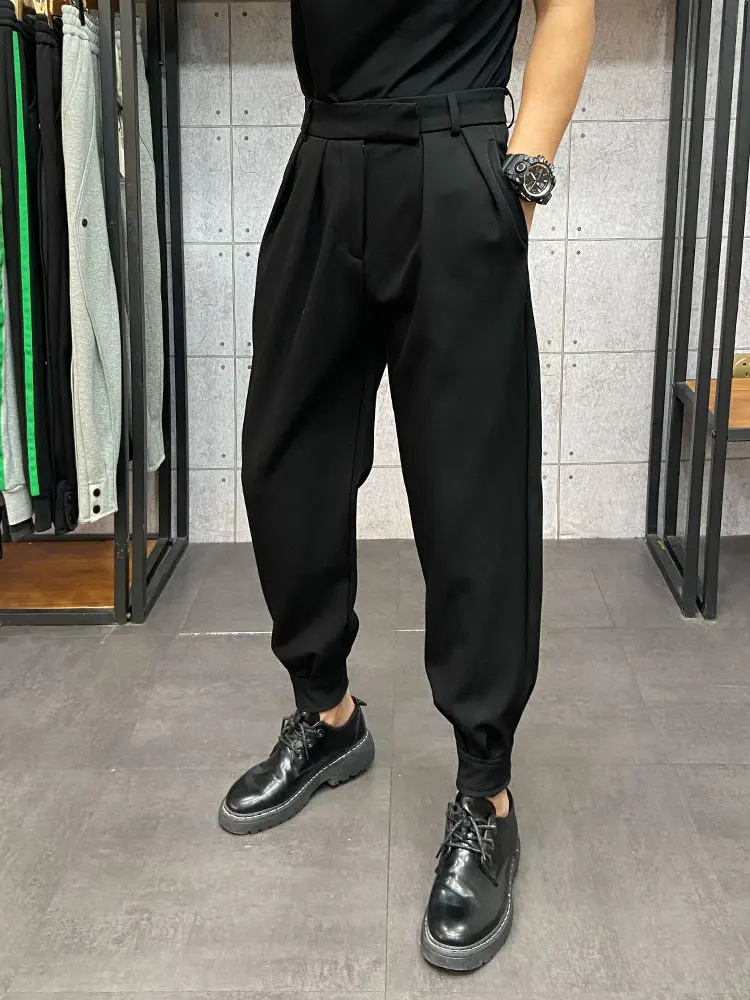 

Casual Harajuku Sle Men's Autumn Winter Loose Fit Trousers Magic Tape Cuffed Pants Youthful Vitali Pure Color mid Waist