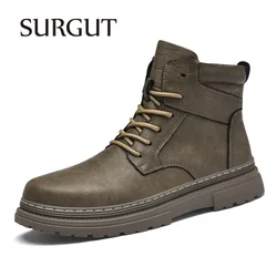 SURGUT Fashion Warm Winter Men Leather Shoes Rubber Waterproof Ankle Boot Outdoor Comfortable Work Fur Snow Boots For Men