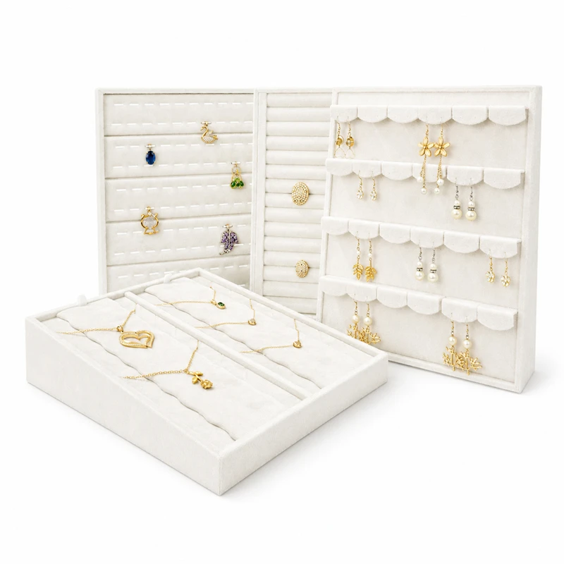 Soft Beige Velvet Jewelry Display Rack Multi-Slot Necklace Ring Earring Storage Tray Desktop Decoration Jewelry Organizer Holder