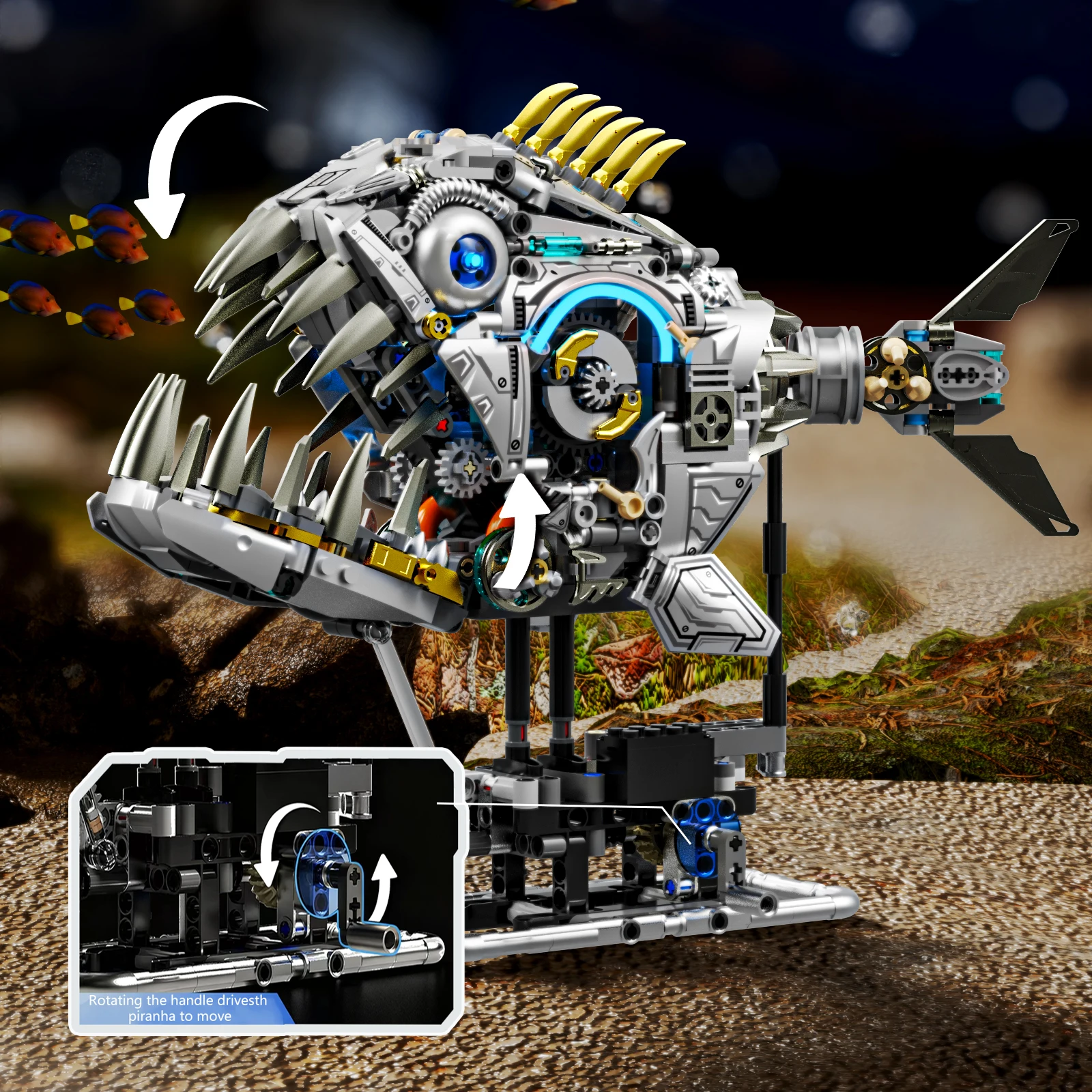 Steampunk-style animal building blocks, featuring articulated walking skeleton pieces with light-up functionality. Ideal for tab