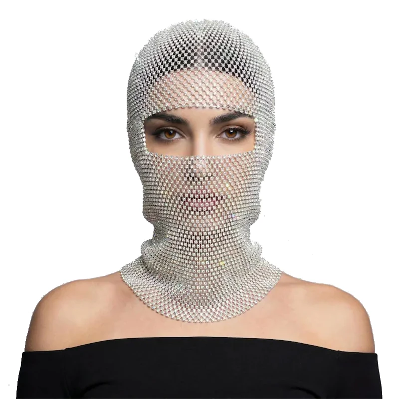 2026 Sommer Sexy Y2K Funkelnder Diamanten-Hut für Damen, Hohles Fischnetz-Strass-Kopftuch, Club-Rave-Party-Kopfmaske, Kopfbedeckung – Detail 3