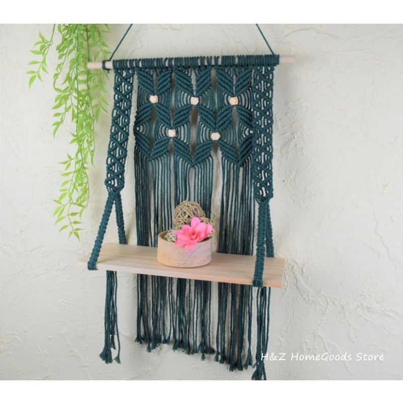 

Green Macrame Tapestry Rack Wooden Shelves Hand-Woven Bohemian Decorative Shelves-Boho Floating Indoor Shelving Livingroom