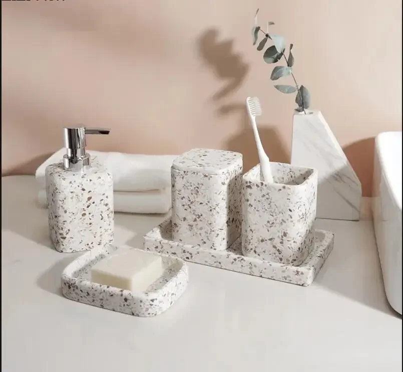 

Creative Marble Wash Set Soap Dispenser Mouthwash Cup Soap Dish Set Light Luxury Home Bathroom Accessories Set Toothbrush Holder