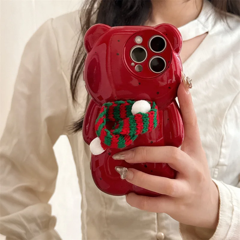 

3D Bear Silicone Shockproof Phone Case, Korean Cute Scarf Phone Case for iPhone 17 16 15, 12, 14, 13 ProMax tective Cover