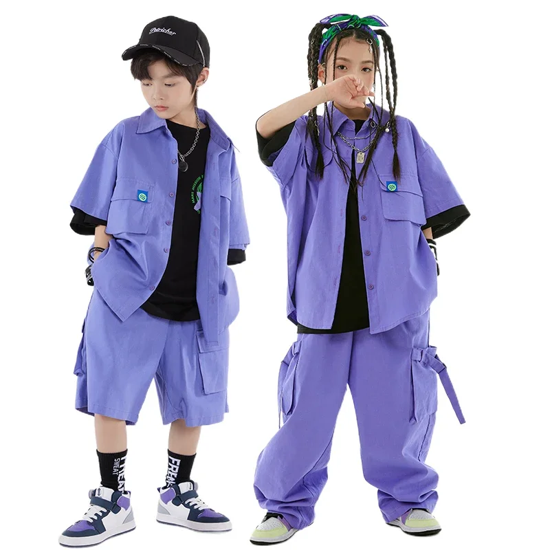 Salopette ample manteau violet pantalon vêtements de danse de rue garçons filles Jazz tambour spectacle scène vêtements enfants Hip Hop danse Costume
