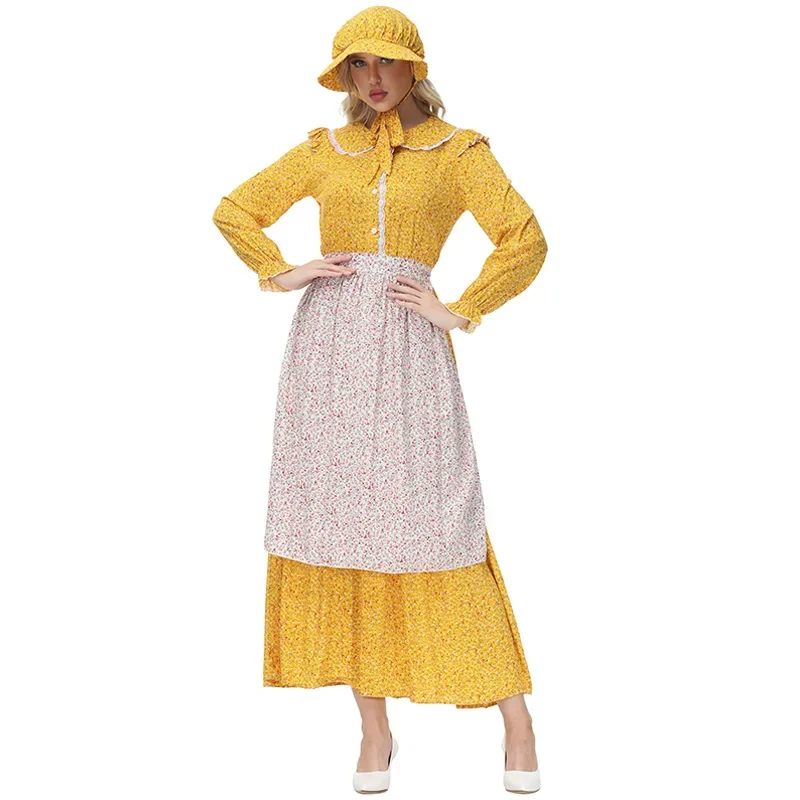 

Yellow Floral Colonial Girl Prairie Pioneer Dress Maid Dress