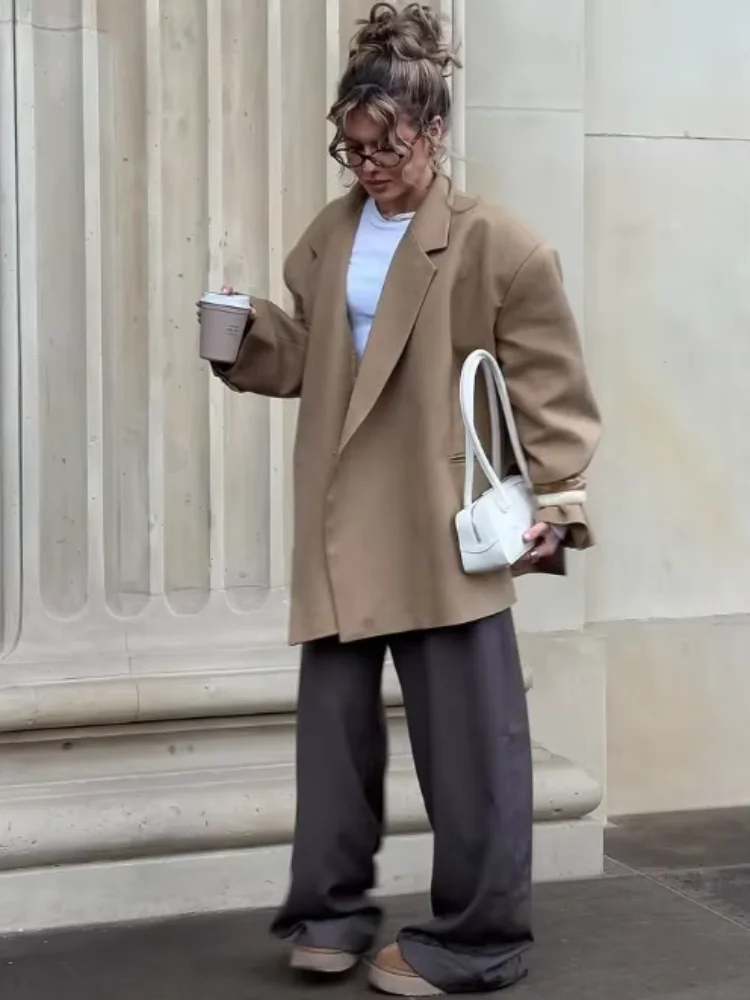 

Loose Fit Suit Jacket Women's Casual Pure Color Lapel Side Button Long Sleeved Lapel Suit Jacket Office Lady Daily Commuting