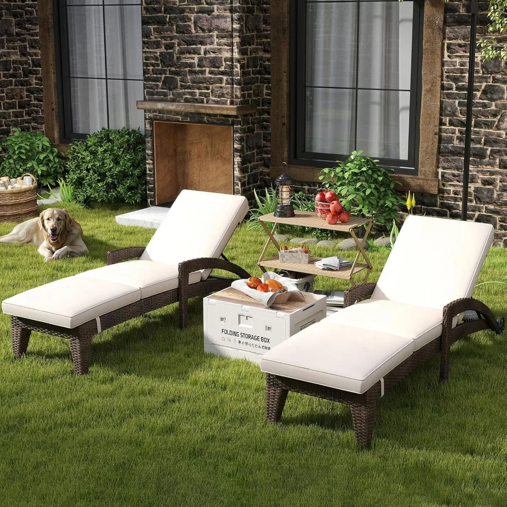 

Lounge Chairs Set of 2, Upholstered 5-Positions Adjustable Pool Loungers, 80" Long Wicker Outdoor Lounge Chairs,