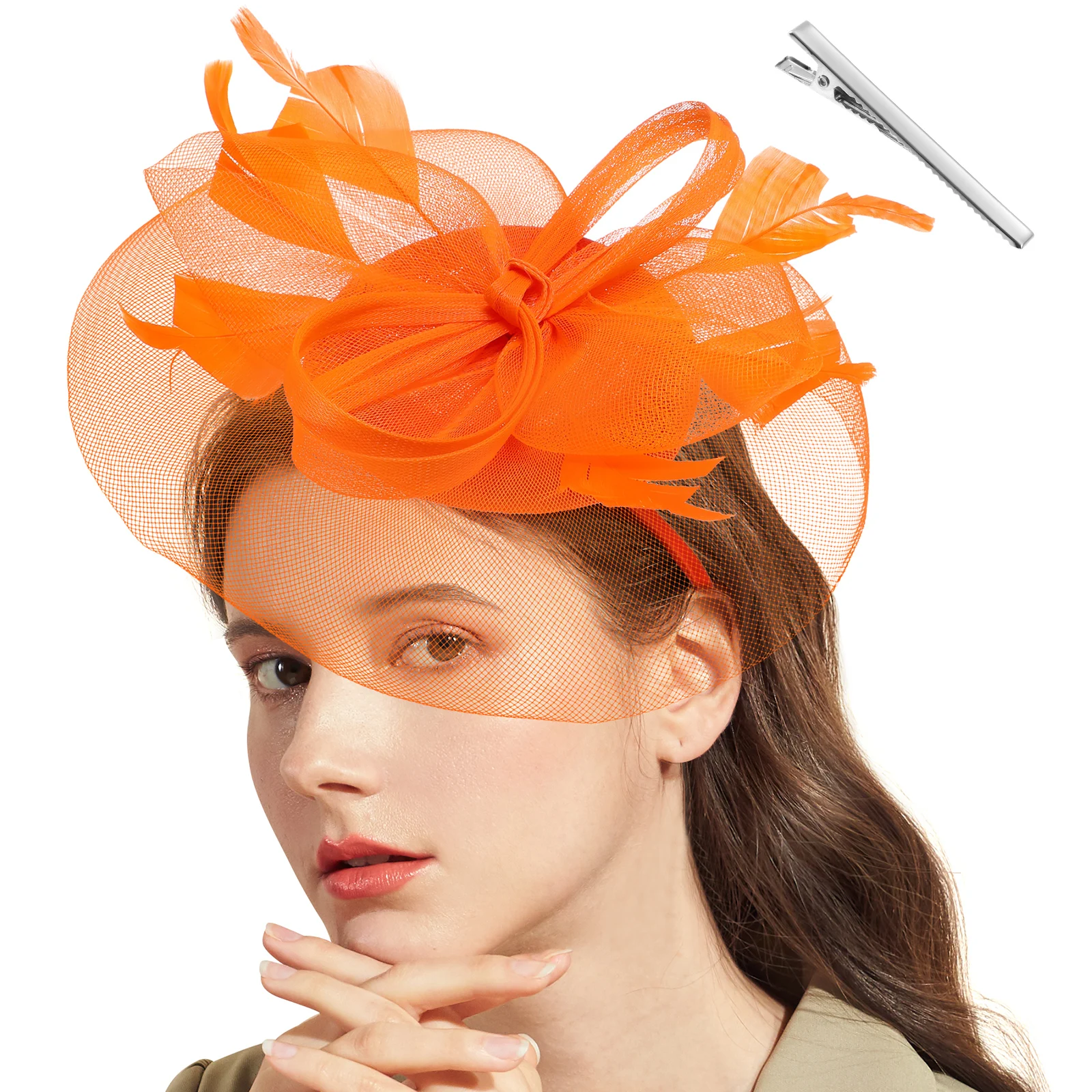 

Flower Hairband Orange Bridal Accessories Women Hats Tea Party Headband Gauze Fascinator Wedding Banquet Party Long