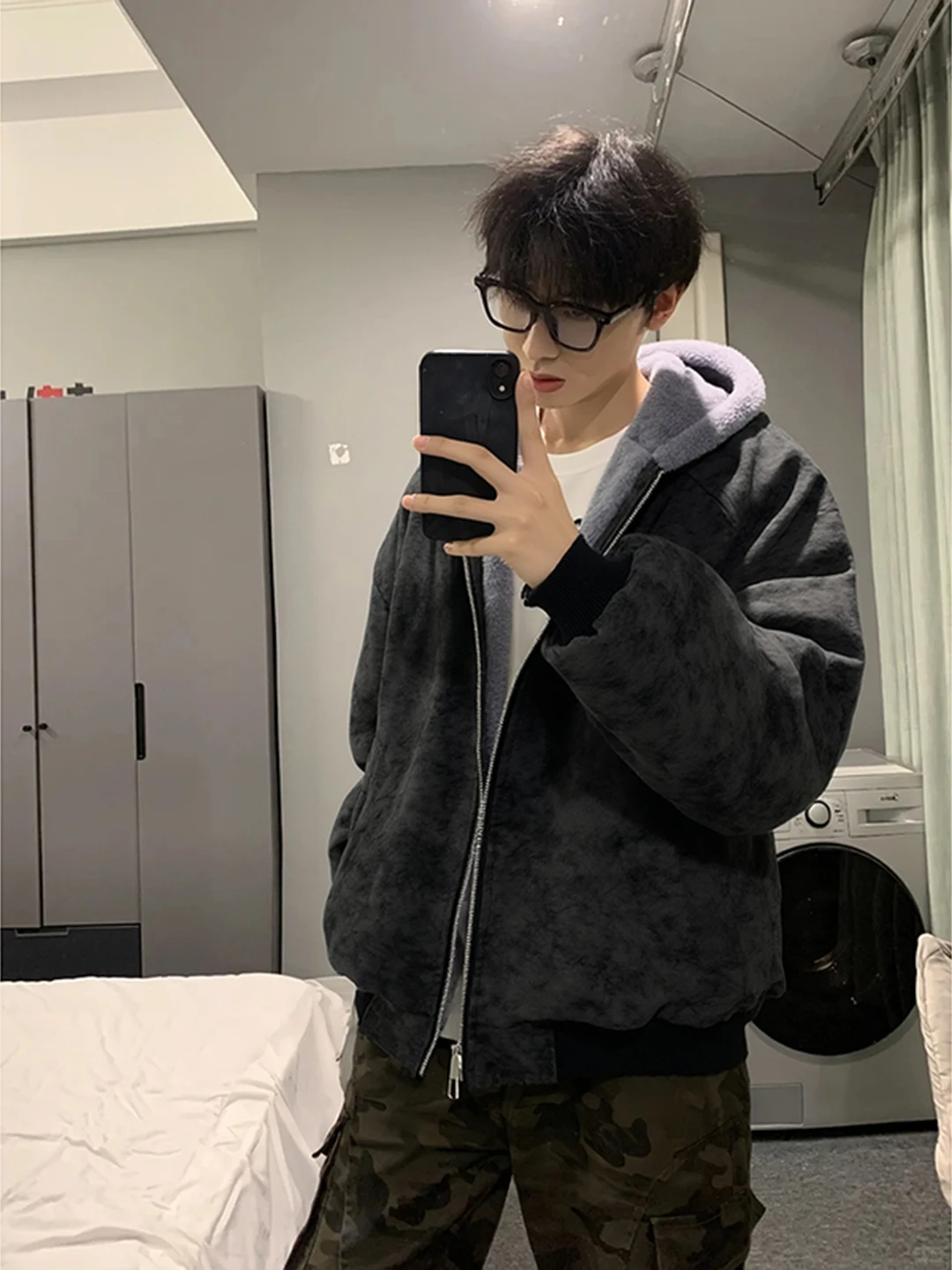 

Мужская зимняя куртка из искусственной кожи с узором личи, в американском уличном стиле, с меховым воротником, утепленная хлопком, Cleanfit