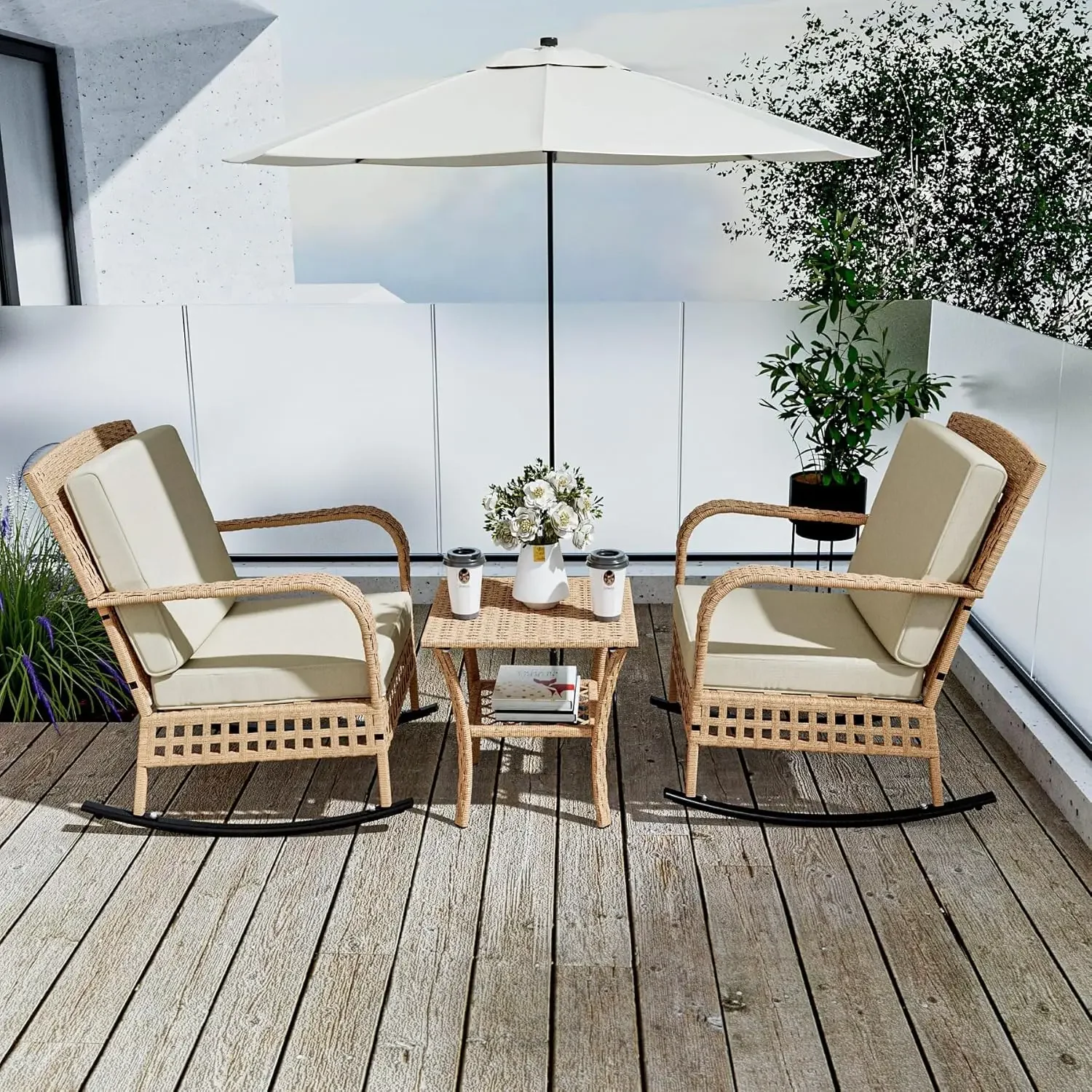 Outdoor Furniture Bistro Set,3 Piece Patio Rattan Rocking Chairs, Patio Conversation Set with Side Table and Thick Cushions