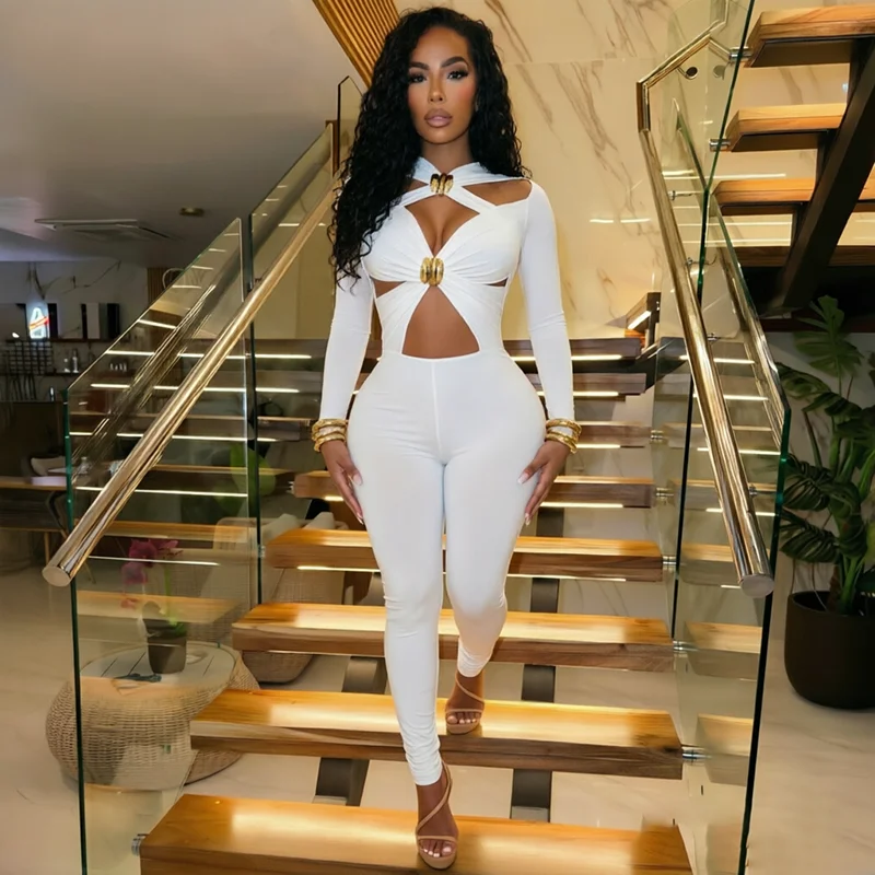 Sexy Hot Girl Crop-Top mit Lochmuster, Metallreißverschluss, Langen Ärmeln und Einfarbigen Leggings – Detail 8