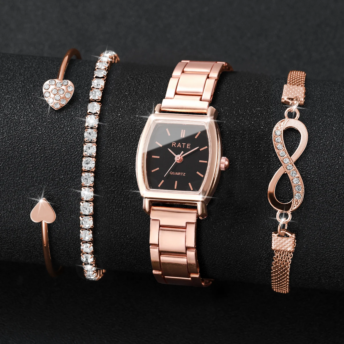 4PCS Fashion Women Quartz Watch Rhinestone Bracelets Set  Alloy Strap Ladies Wristwatch Reloj Mujer Girl Clock(Without Box)