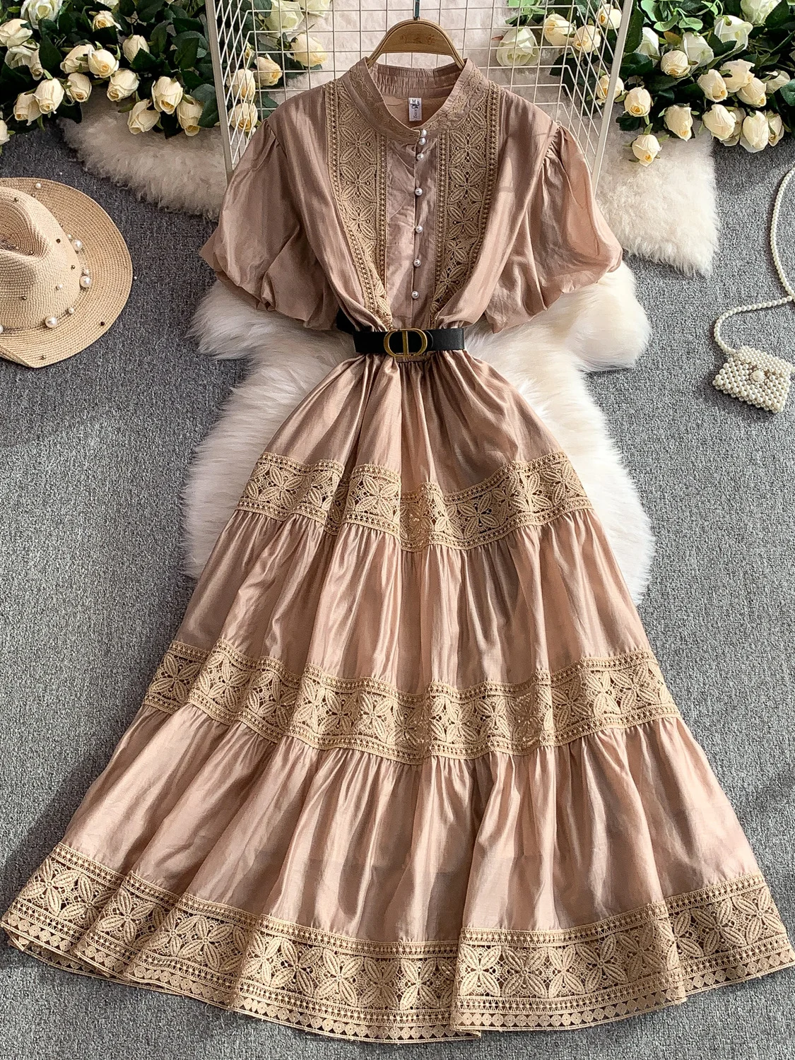 Vestido Retro com Detalhes em Renda, Gola Alta, Manga Bufante, Cintura Alta, Botão de Pérola, Vestido Maxi Estilo Coreano