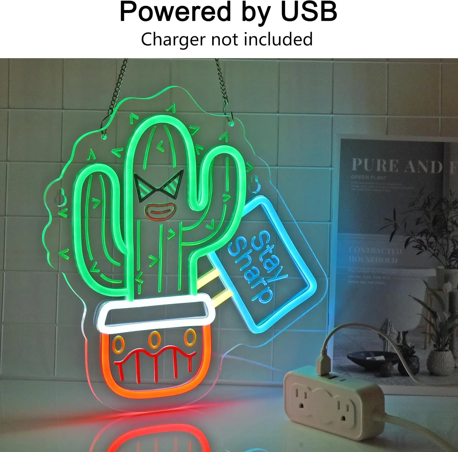 Cactus Neon Sign Stay Sharp LED Neon Light Cool Funny Succulent Bedroom Office Game Room Wall Decor Christmas Gift USB Powered