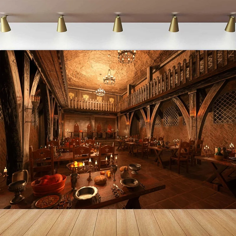 Medieval Tavern Bar Photography Backdrop For Fantasy Dining Hall with Tables Laid For Great Feast Ancient Tavern Background