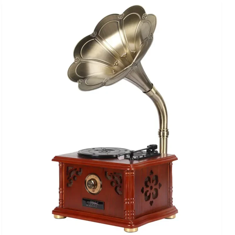 Solid wood record usb player retro vinyl gramophone bluetooth speaker metal loudspeaker FM radio stereo audio output subwoofer