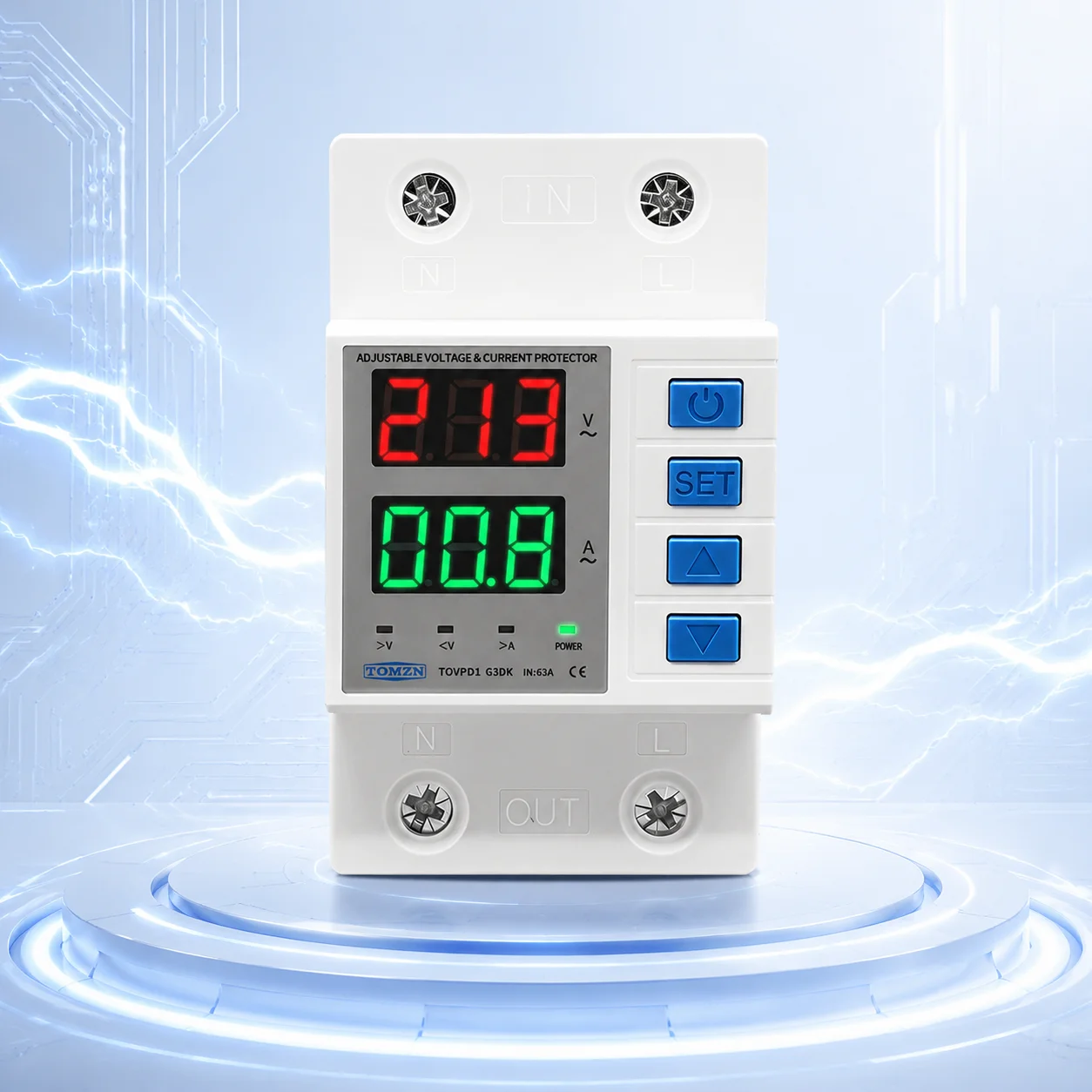 TOMZN TOVPD1-63DK 63A DIN Rail Voltage Protector 110 230V AC OVP/OCP/UVP Functions L-N Isolation Automatic Adjustable Delay-ON