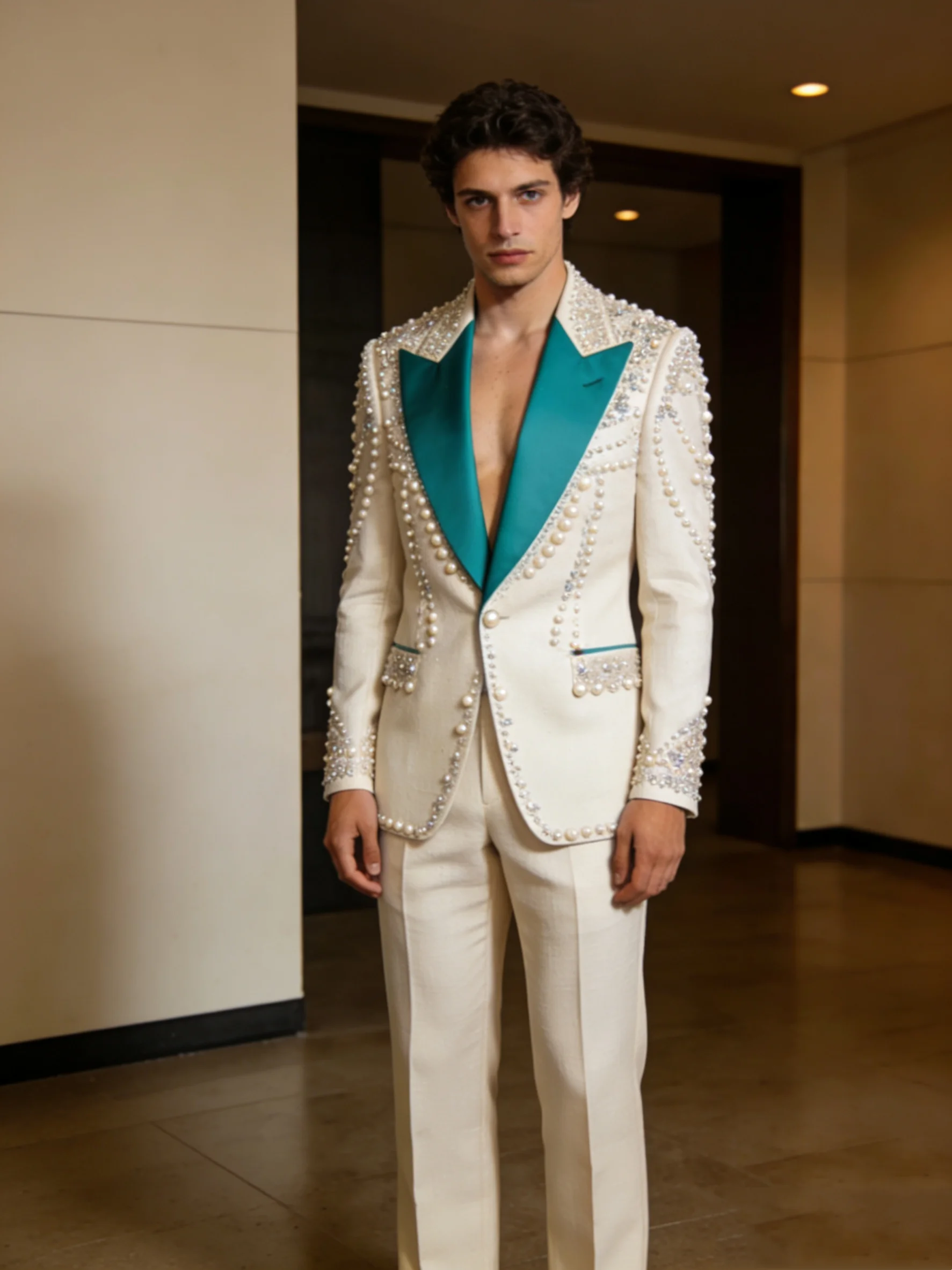 

White Blue Men Suits Set 2 Pcs Blazer+Pants Trousers Luxury Pearls Wedding Tuxedo Formal Office Business Groom Jacket Coat