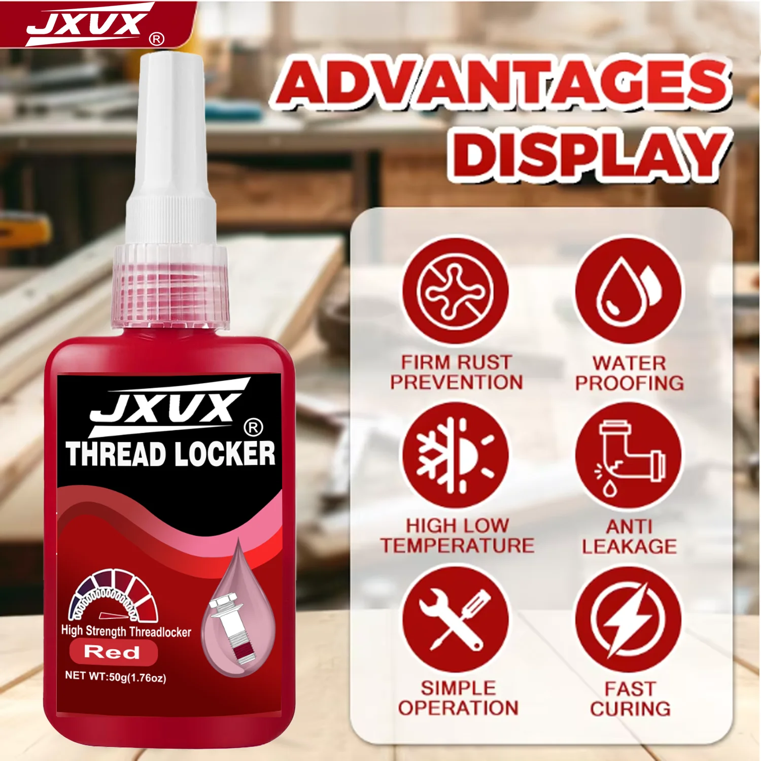 JXVX Medium Strength Red Threadlocker, General Purpose Thread Adhesive, for All Metal Threaded Components, Fastening and Sealing