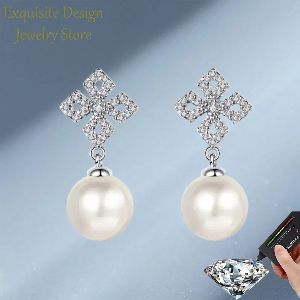 

Classic 8mm Freshwater Flawless Pearl Drop Earrings, Platinum PT950 Square 0.31Ct Moissanite Diamond Earring Wedding Jewelry