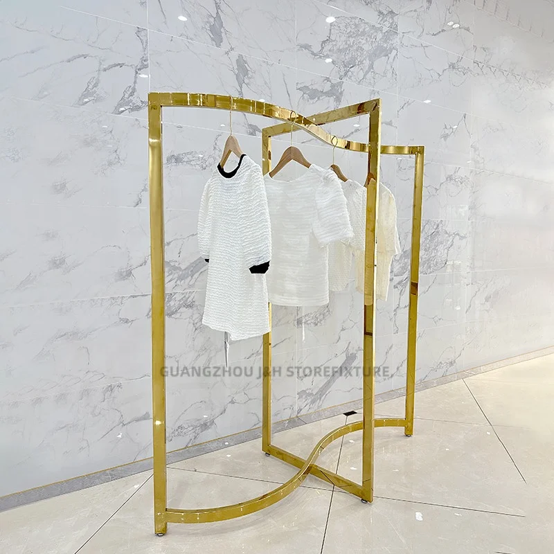 Custom Unique Garment Display Rack Stainless Steel Shiny Gold Stand Clothing Display Rack For Clothes Shop