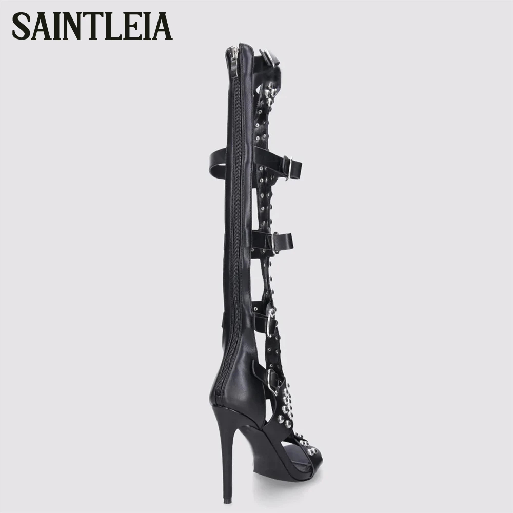 All over Silver Metal Studs Gladiator Boots High Heeled Leather Stiletto Sandal Boots Round Toe Adjustable Straps Summer Boots