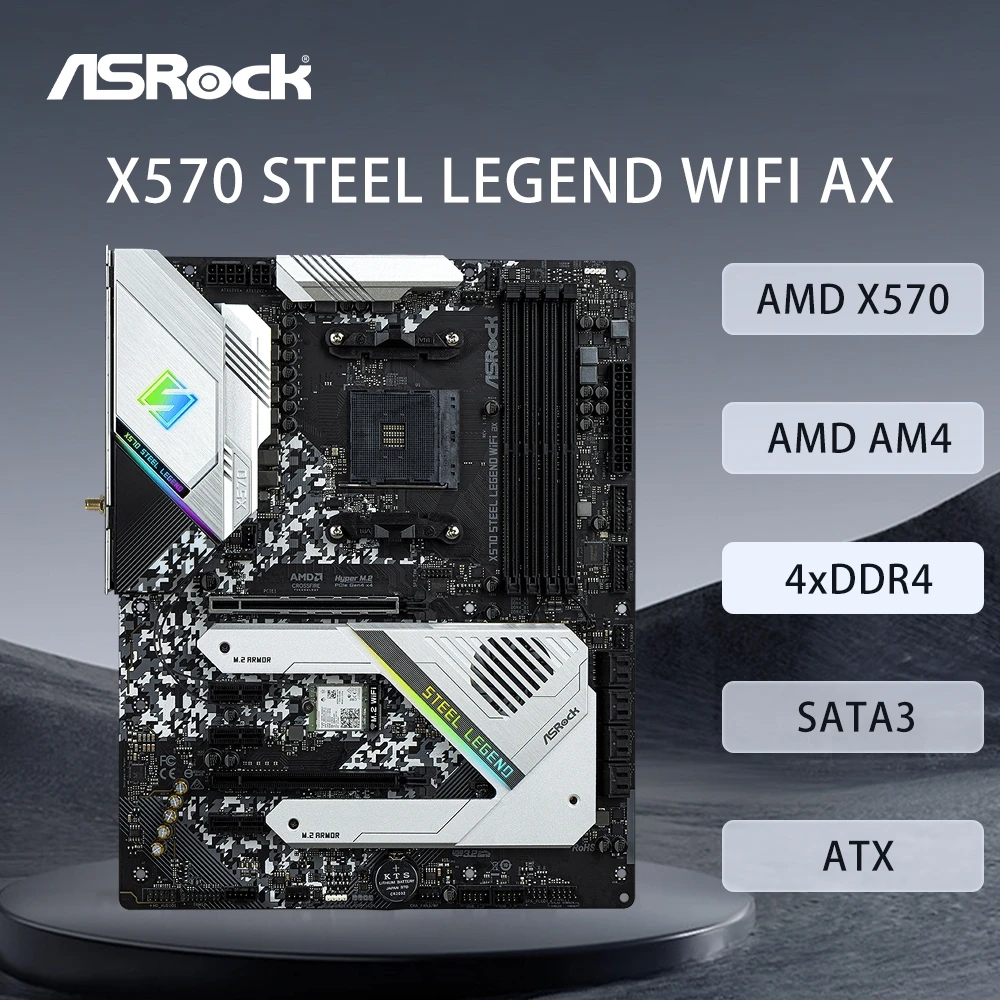 اللوحة الأم ASRock X570 STEEL LEGEND WIFI AX تدعم 5500 5600 5600X 5700X 5700x3D 5800x3D CPU 4xDDR4 128GB AMD AM4 HDMI ATX
