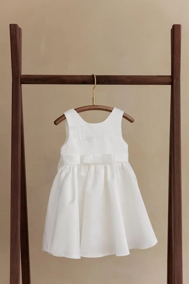 Custom Embroidered Flower Girl Dress: Soft Satin Ball Gown Baby Girl Clothes White Dress Dress for Baby Girl