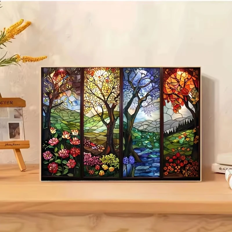 Stained Glass Four Seasons Tree Landscape Jigsaw Puzzle, Spring Summer Autumn Winter Floral Tree Scenery Panel Window Decor Gift