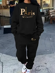 Paris Print Two piece Set Casual Kangaroo Women's Casual Fashion Round Neck Sweatshirt, Solid Color Long Sleeves Sweatshirt,