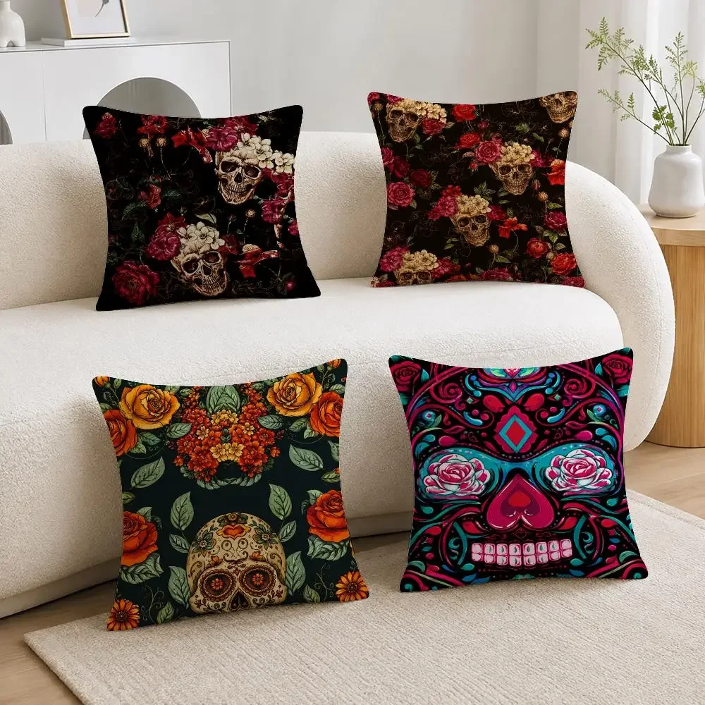 Halloween Pattern Undead Flower Skeleton Print Cushion Cover Soft Plush Fluffy Throw Pillow Cases for Sofa Bedroom Home Decor