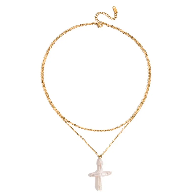 

Minar Classic Baroque Freshwater Pearl Cross Pendant Necklaces for Women 18K Gold PVD Plated Titanium Steel Double Layers Choker