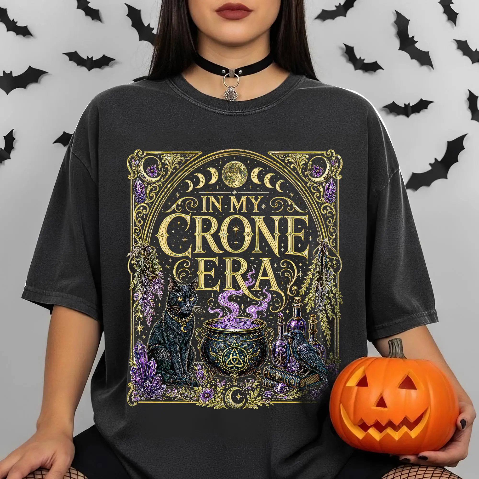 Crone Era Shirt, Gothic Raven Cauldron Tee, Witchy Botanical Gift