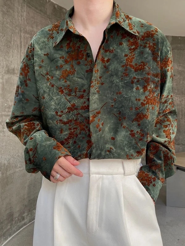 

Spring Summer Velvet Print Retro Long Sve Men's irt Faionable Base Layer Floral Pattern Light Maturi Sle Trendy
