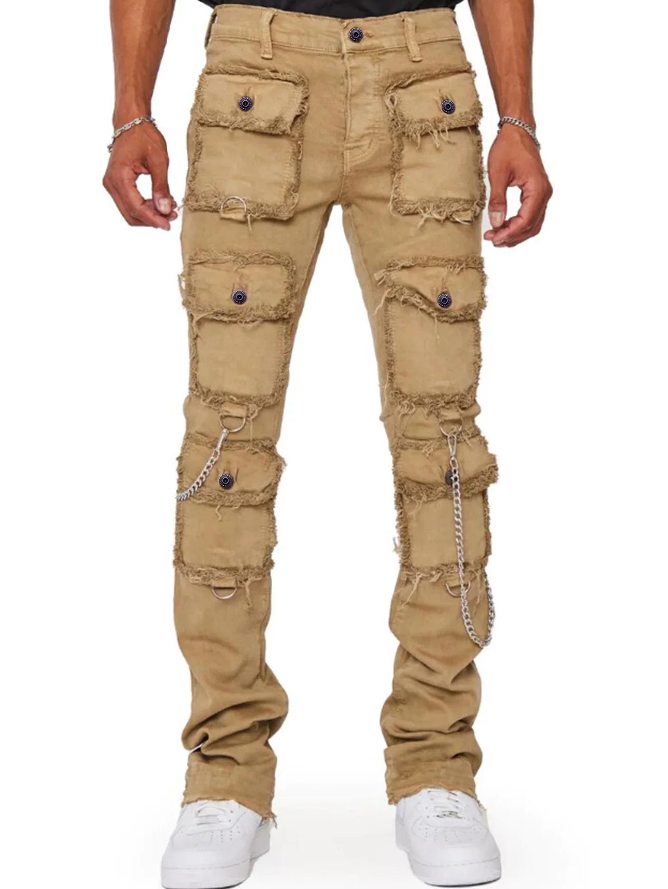 

2024 New European Men's Cargo Jeans Stretchy Straight Leg Baggy Trousers Slim Fit Chain Patchworks Denim Bottoms