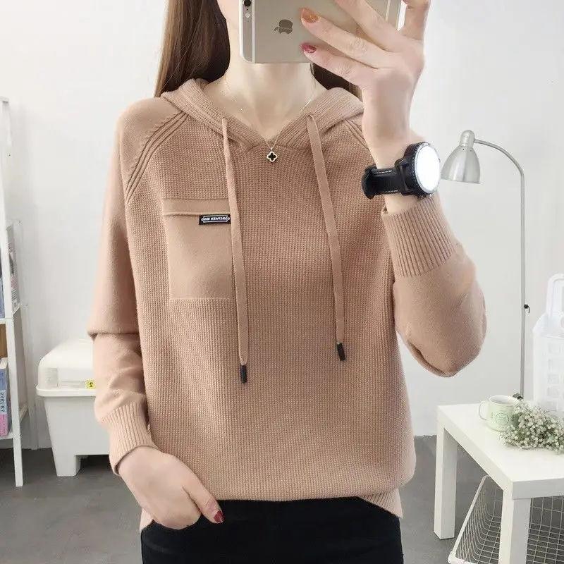 Autumn Pullover Sweater 2023 New Thin Knitwear Hooded Sweater Loose Long Sleeve Solid Pullover Sweater Coat Undercoat Women Top