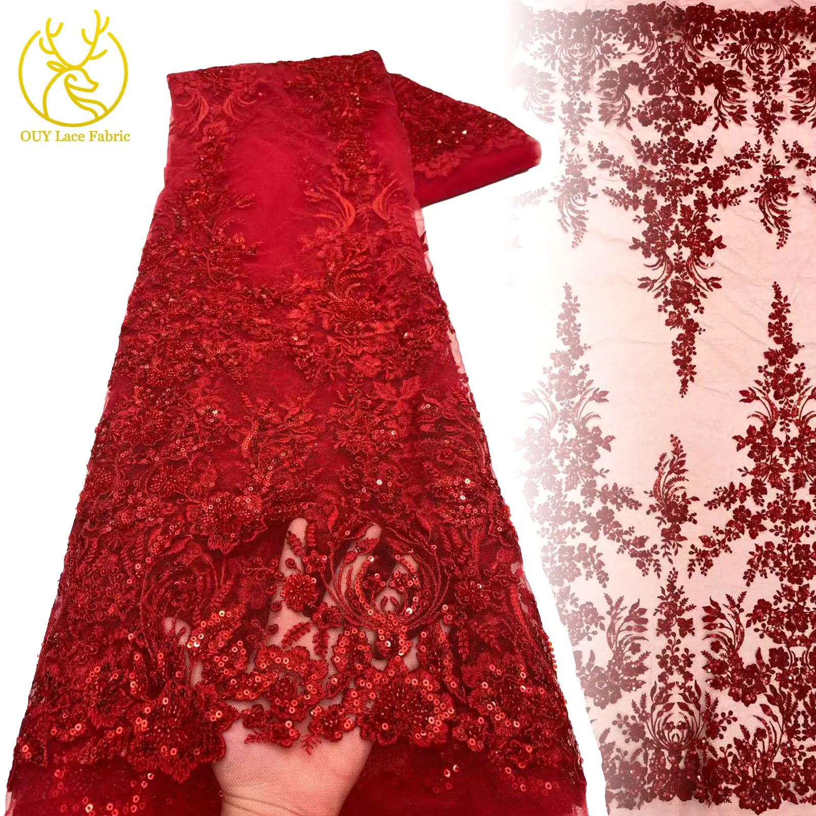 

Red African Groom Embroidered Sequin Lace Fabric 5 yards French Nigerian Beaded Lace Fabric for Wedding Wedding Dress Sewing