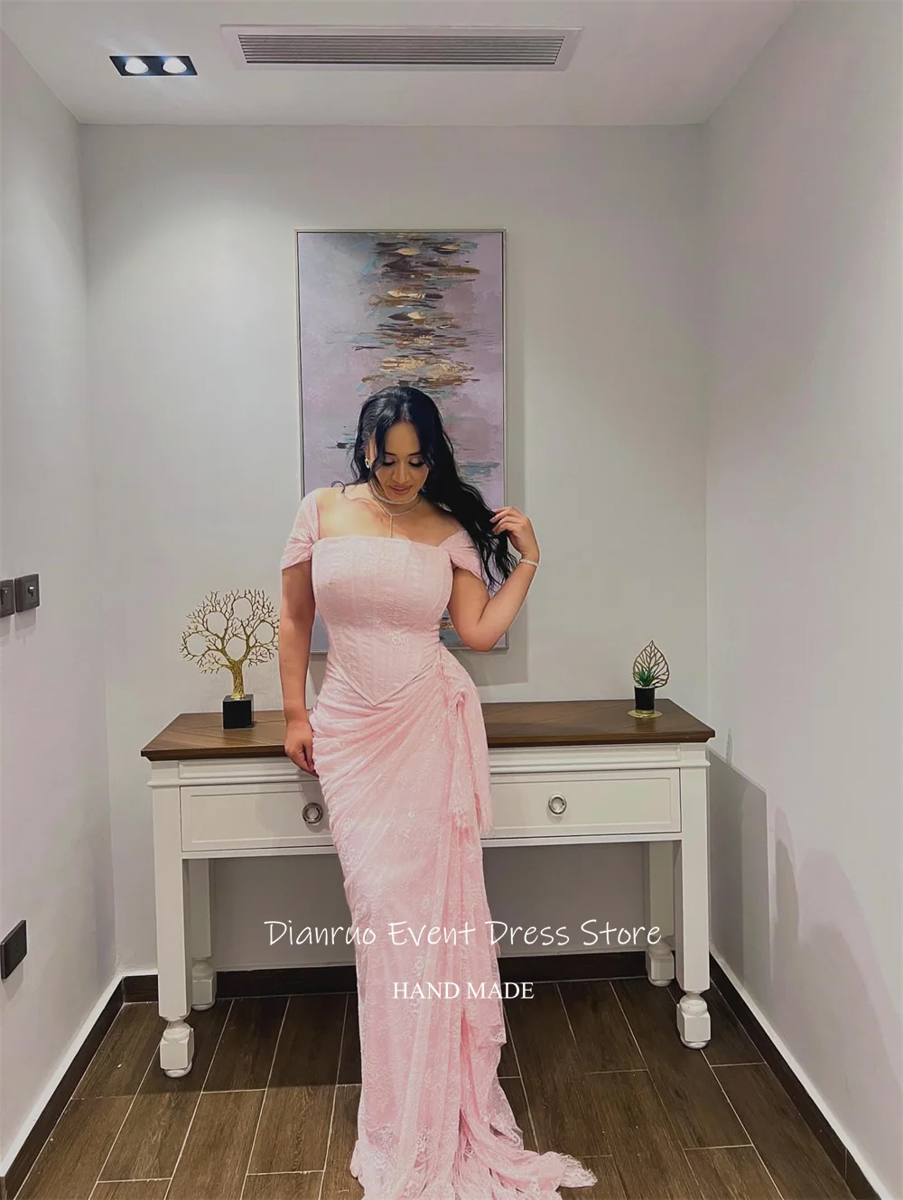 Dianruo charmante rose épaules dénudées robes De soirée dentelle Appliques robes De Noche froncé sirène robes De bal 2025 personnalisé